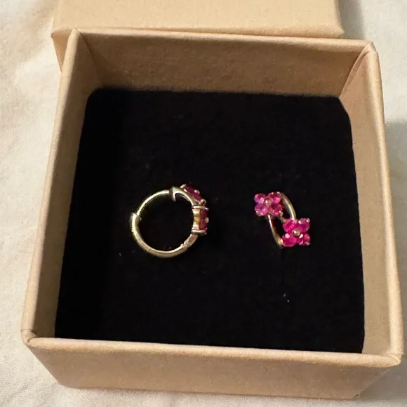 Stone & Strand 10k Gold Ruby Double Flower Huggies Floral Earrings - Picture 4 of 5